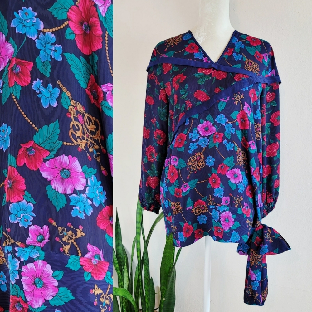 VTG 80s Diane Freis Floral Tie Waist Top